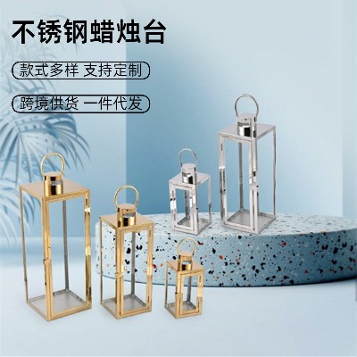 金色蜡烛台北欧不锈钢风灯玻璃工艺酒吧酒店家居桌子装饰摆件定制