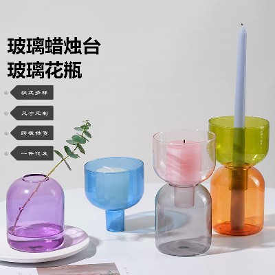 玻璃烛台ins风欧美风格彩色透明装饰花瓶家居装饰精美蜡烛台 定制