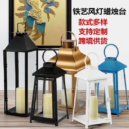 Handheld Iron Wind Lantern Candlestick Nordic Style Handheld Candlestick Floor Lamp Lantern Romantic Outdoor Windproof Glass Candlestick