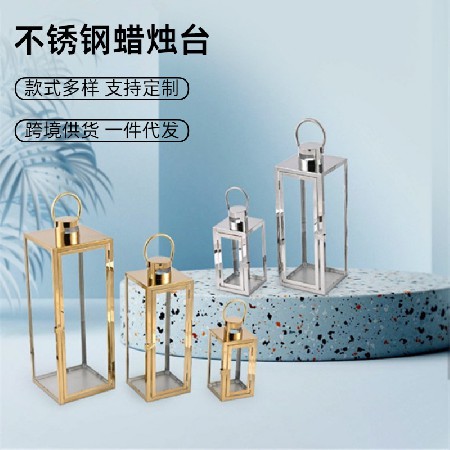 金色蜡烛台北欧不锈钢风灯玻璃工艺酒吧酒店家居桌子装饰摆件定制