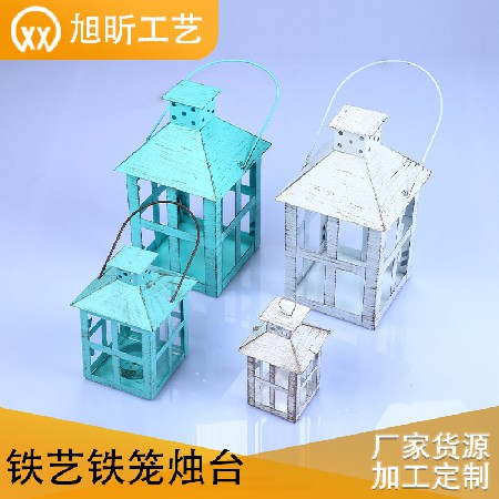 Iron Candle Stand Classical Ornament Making Old Iron Cage Candlestick Glass Cover Outdoor Candle Stand Home Decoration Customization