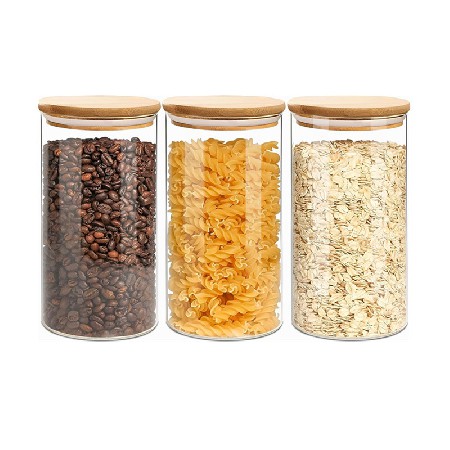 Round glass sealed jar with lid, kitchen specific storage container, food miscellaneous grains storage jar with bamboo lid can be customized
