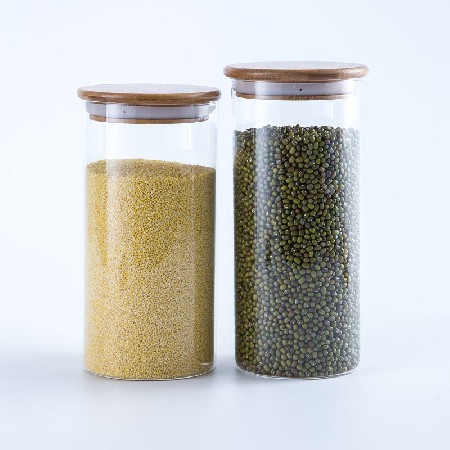 批发坚果杂粮密封罐透明竹盖直筒 高硼硅玻璃管密封罐 厨房收纳罐