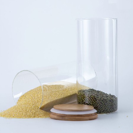 批发坚果杂粮密封罐透明竹盖直筒 高硼硅玻璃管密封罐 厨房收纳罐